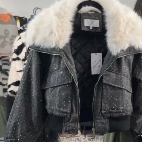 Black Fabulous Parisian faux fur trim denim jacket From Paris
